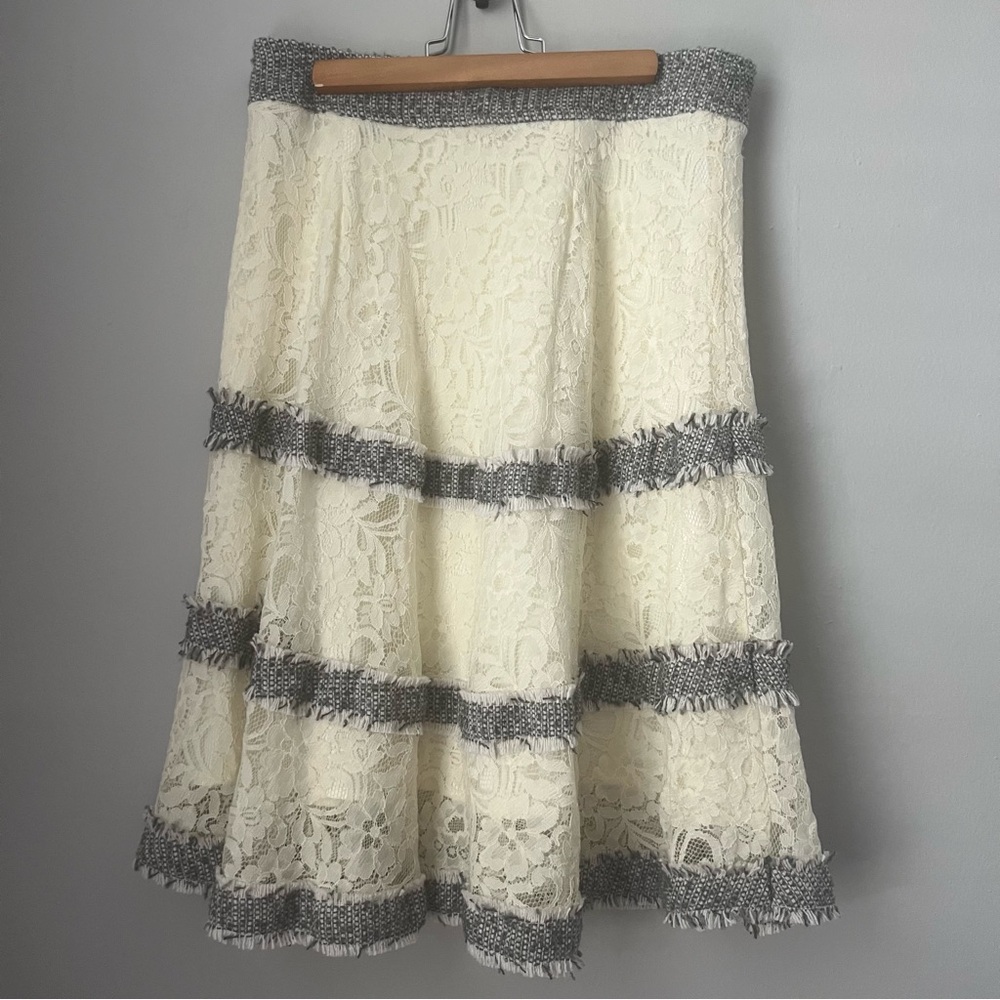 Anthropologie Ryu ivory lace and gray tweed detail skirt M